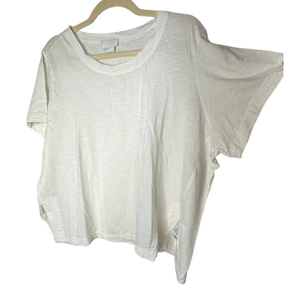 DKNY Ultra Soft Cream Short Sleeve Side Slit Round Neck Boxy Crop Top L - Picture 1 of 12